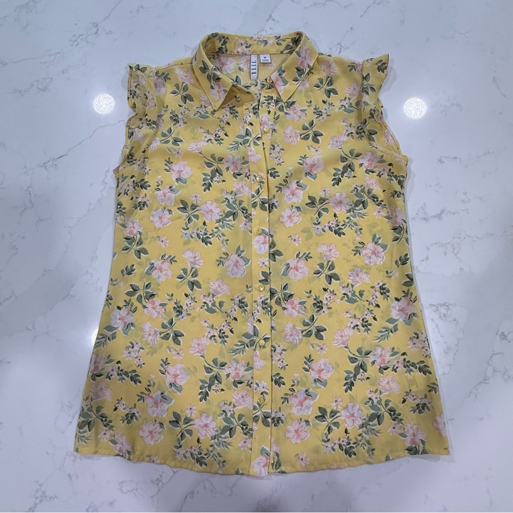 Elle Yellow Floral Button Front Sleeveless Blouse - Size XS